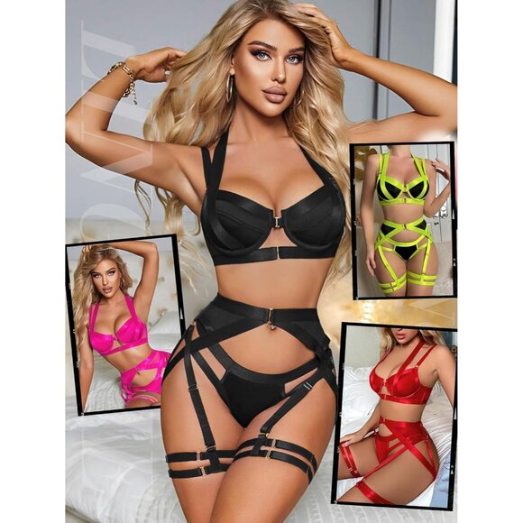 🆕Women Black Polyester Sexy Strappy 4 Piece Lace Lingerie Set with Underwire - Picture 5 of 6